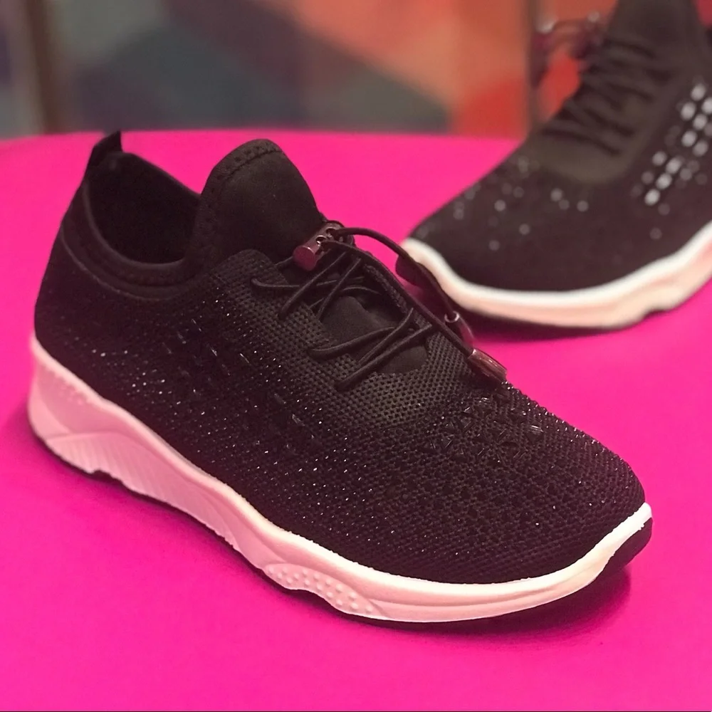 Italina GEMA Lace Up Black Knit Platform Bubble Rhinestone Sneakers